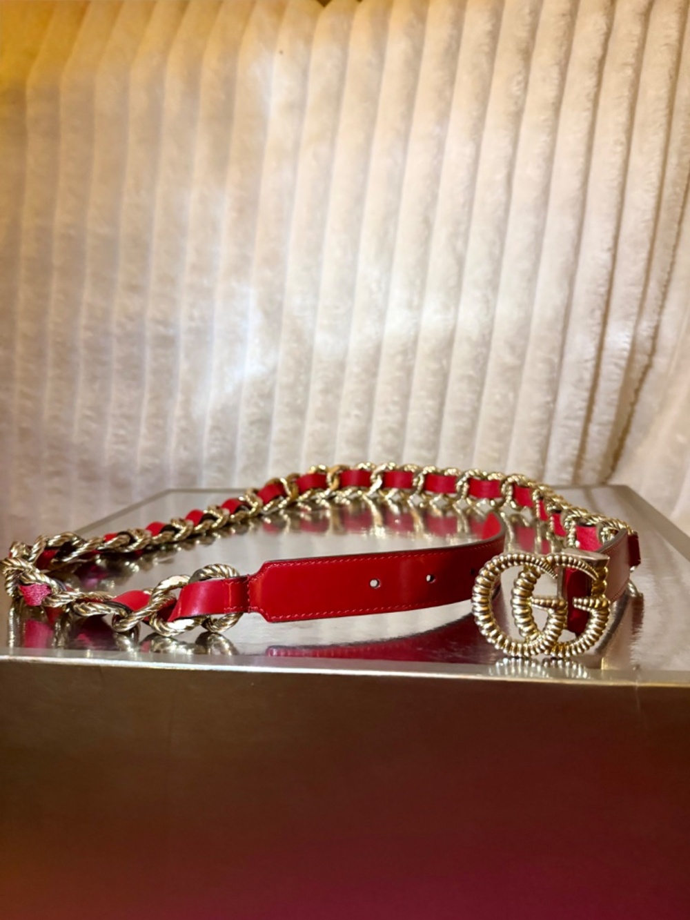 Authentic Gucci Red Leather Torchon Chain GG Buckle Belt - Picture 2 of 6